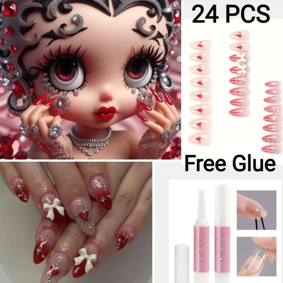 Valentine's Day Red Gradient Press-On Fake Nails with Heart, 3D Bow/Medium - Picture 11 of 11